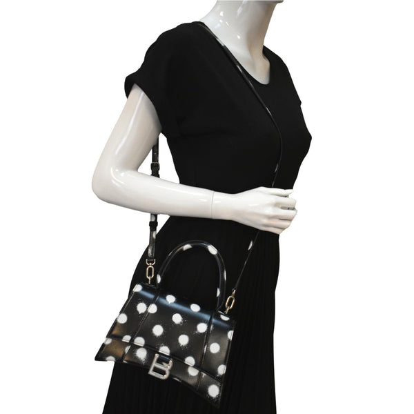 BALENCIAGA Women Hourglass Polka Dot Leather Tote Shoulder Bag Black