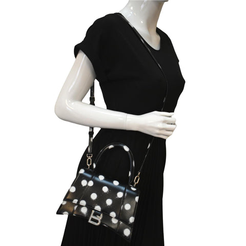 BALENCIAGA Women Hourglass Polka Dot Leather Tote Shoulder Bag Black