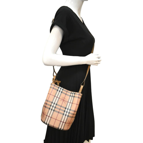 BURBERRY Bucket Haymarket Check Canvas Crossbody Bag Beige