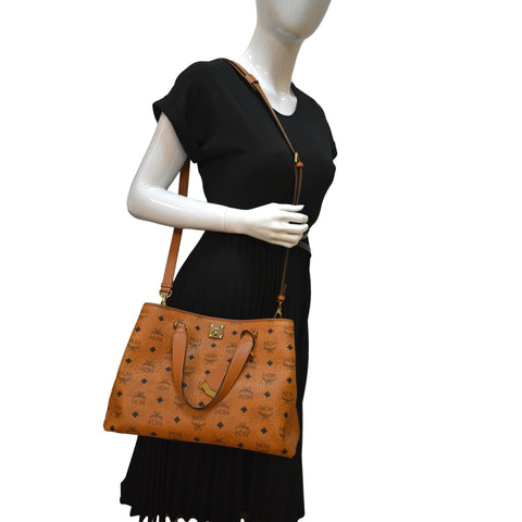 MCM Large Essential Visetos Monogram Print Tote Bag Cognac