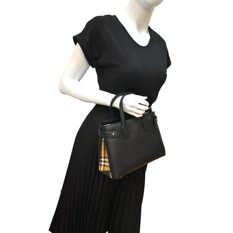 BURBERRY Banner Derby Medium Leather Tote Shoulder Bag Black