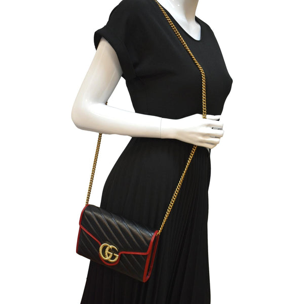 GUCCI Vintage Effect Diagonal Torchon Leather Chain Crossbody Bag Black 573807