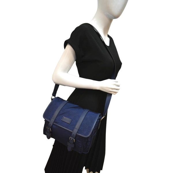 GUCCI Flap Double Buckle GG Monogram Nylon Messenger Bag Blue 510335