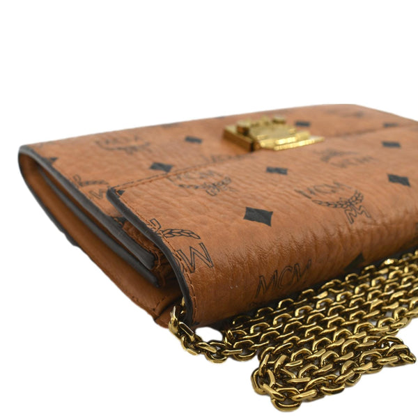 MCM Tracy Visetos Canvas Crossbody Chain Wallet Cognac