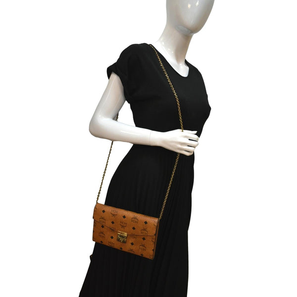 MCM Tracy Visetos Canvas Crossbody Chain Wallet Cognac