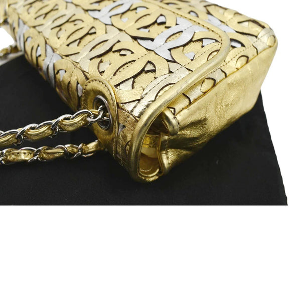 CHANEL Mix Medium Flap CC Crackled Calfskin Shoulder Bag Silver Gold