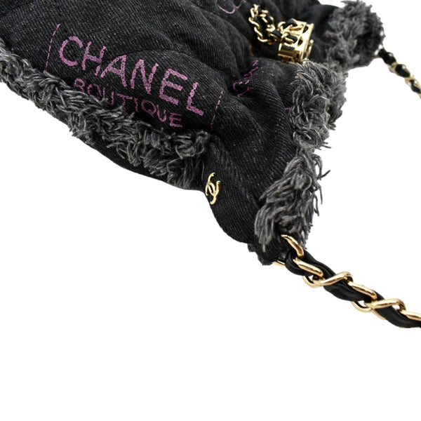 CHANEL Denim Mood Logo Printed Quilted Fringe Denim Chain Bucket Bag Black
