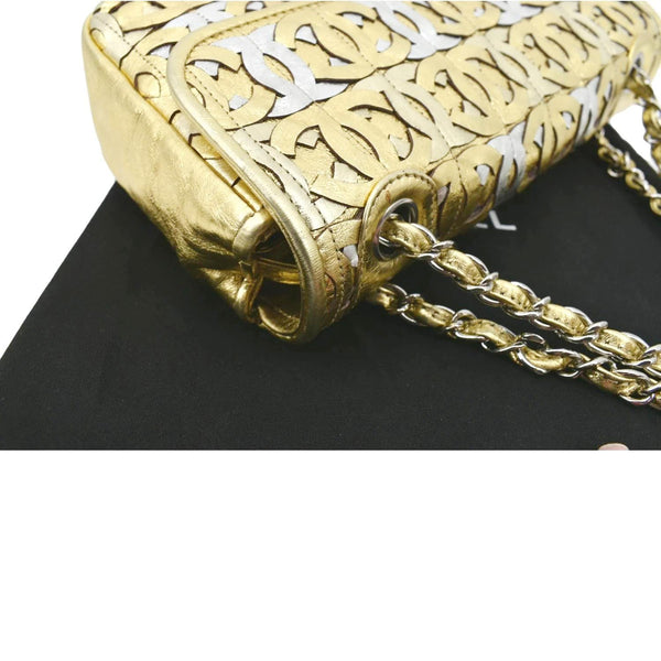 CHANEL Mix Medium Flap CC Crackled Calfskin Shoulder Bag Silver Gold