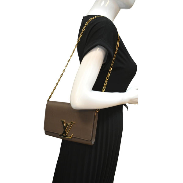 LOUIS VUITTON Louise Calfskin Leather Chain Shoulder Bag Taupe Brown