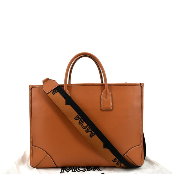 MCM Munchen Monogram Calfskin Leather Tote Shoulder Bag Cognac