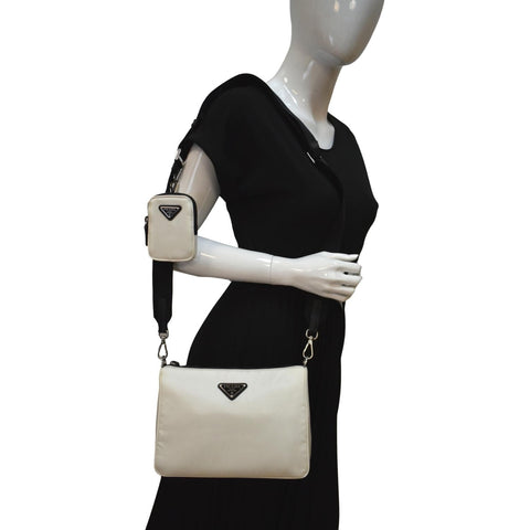 PRADA Re-Nylon Leather Crossbody Bag White