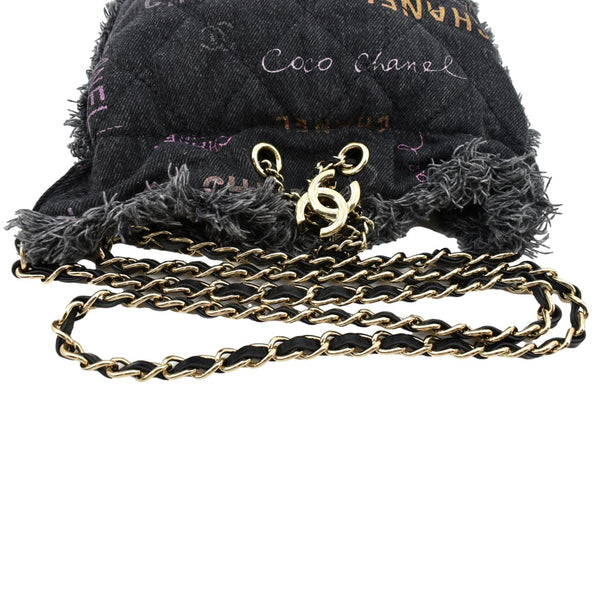 CHANEL Denim Mood Logo Printed Quilted Fringe Denim Chain Bucket Bag Black