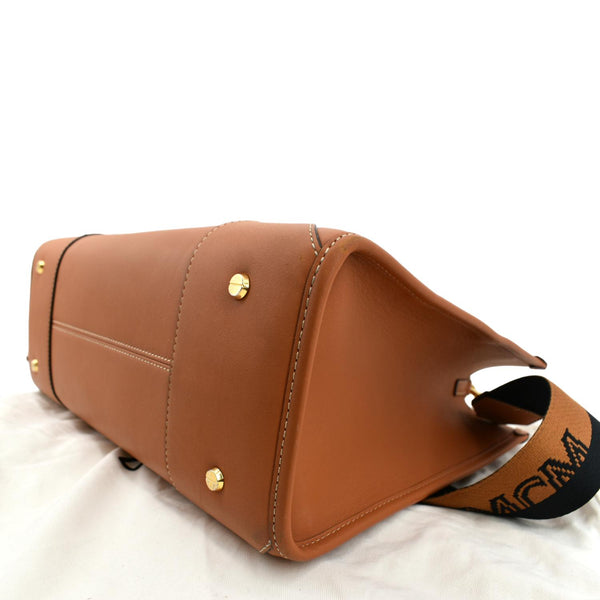 MCM Munchen Monogram Calfskin Leather Tote Shoulder Bag Cognac