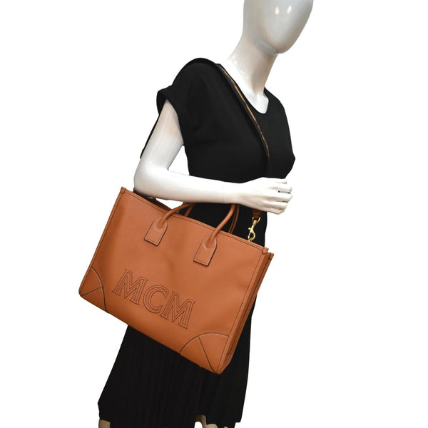 MCM Munchen Monogram Calfskin Leather Tote Shoulder Bag Cognac