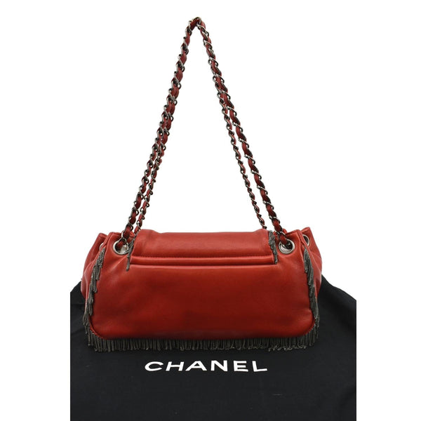 CHANEL Chain Fringe Flap Lambskin Leather Shoulder Bag Red