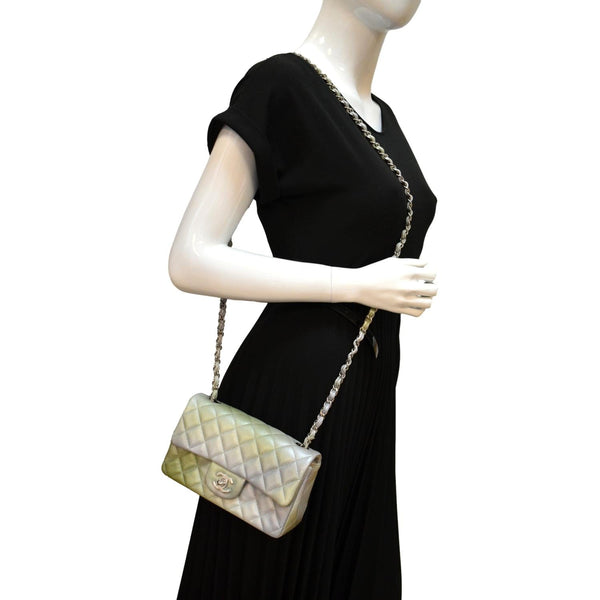 CHANEL Mini Rectangular Flap Quilted Chevre Leather Crossbody Bag Metallic Gray/Green