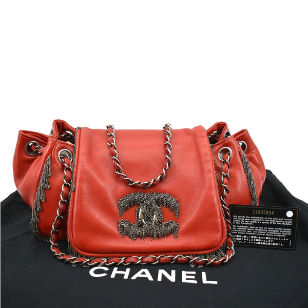CHANEL Chain Fringe Flap Lambskin Leather Shoulder Bag Red