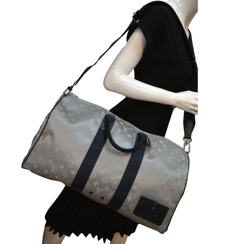LOUIS VUITTON Satellite Keepall Bandouliere 50 Monogram Travel Bag Silver