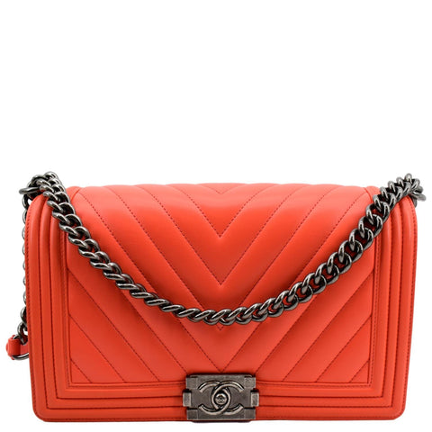 CHANEL Medium Boy Flap Chevron Quilted Calfskin Shoulder Bag Red