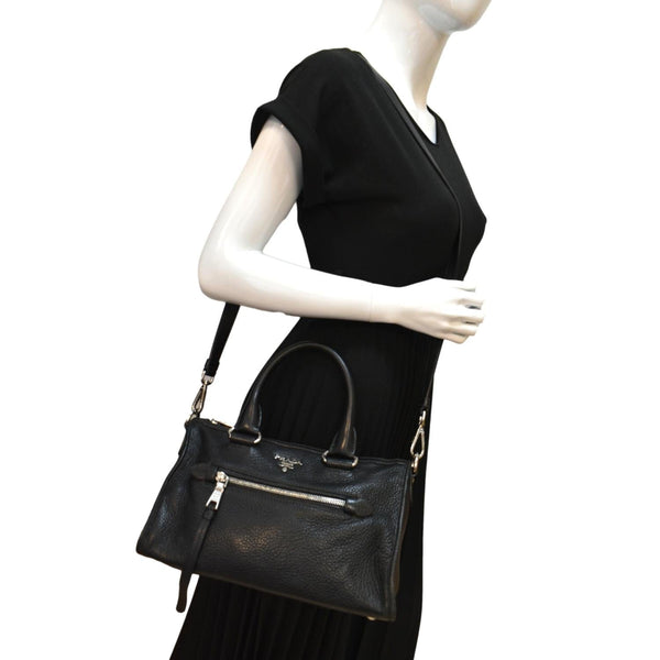 PRADA Vitello Phenix Leather Shoulder Bag Black