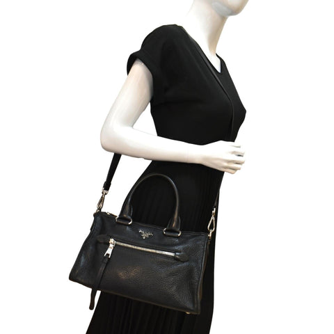 PRADA Vitello Phenix Leather Shoulder Bag Black