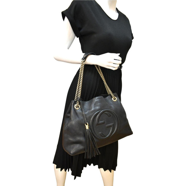 GUCCI Soho Pebbled Leather Chain Shoulder Bag Black 308982