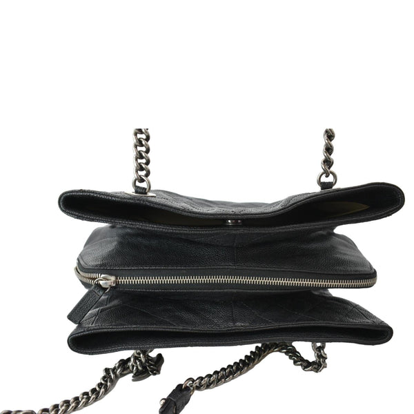 CHANEL CC Zip Diamond Embossed Leather Shopping Tote Shoulder Bag Black