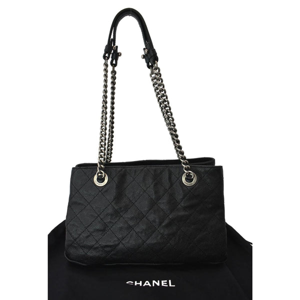 CHANEL CC Zip Diamond Embossed Leather Shopping Tote Shoulder Bag Black