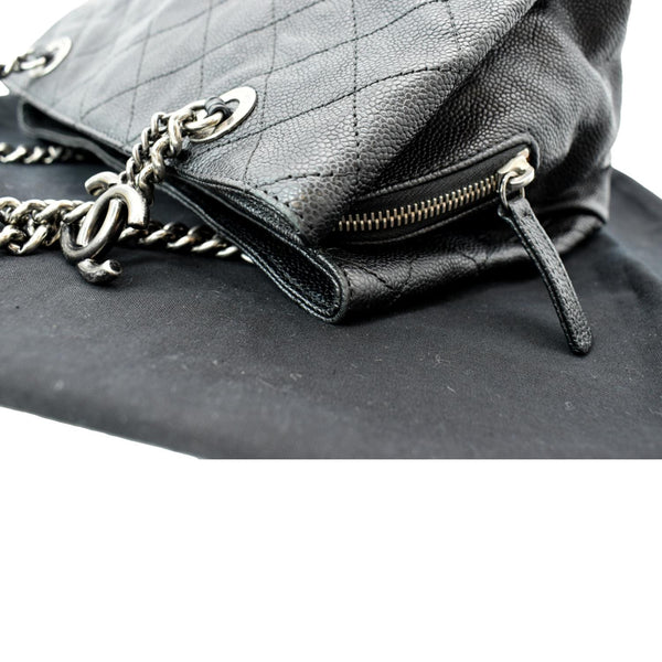 CHANEL CC Zip Diamond Embossed Leather Shopping Tote Shoulder Bag Black