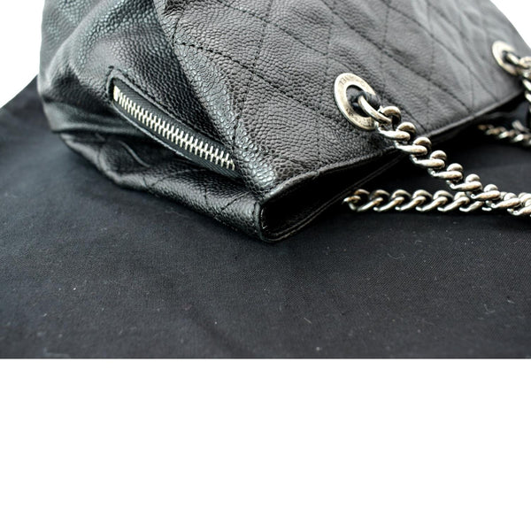 CHANEL CC Zip Diamond Embossed Leather Shopping Tote Shoulder Bag Black