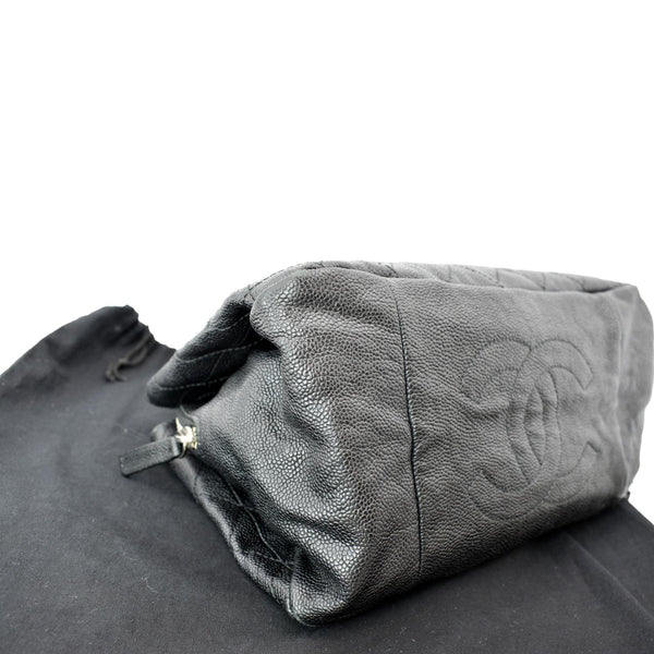 CHANEL CC Zip Diamond Embossed Leather Shopping Tote Shoulder Bag Black