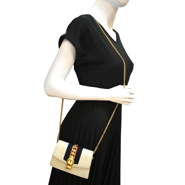 Gucci Sylvie Super Mini Leather Crossbody Bag in White - Full View
