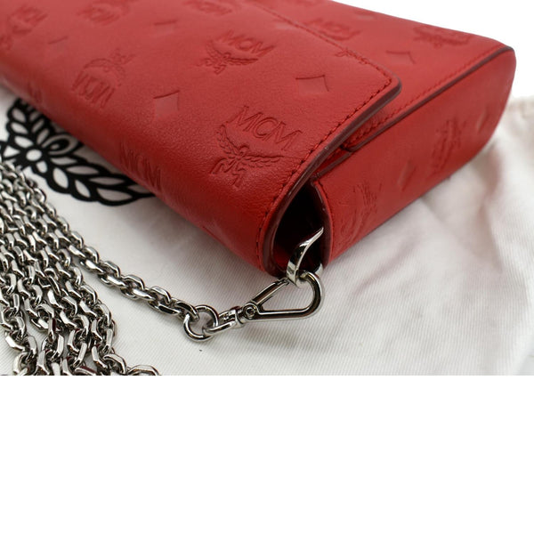 MCM Tracy Monogram Leather Chain Crossbody Wallet Red