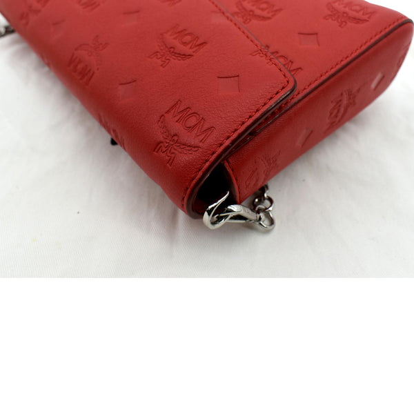 MCM Tracy Monogram Leather Chain Crossbody Wallet Red