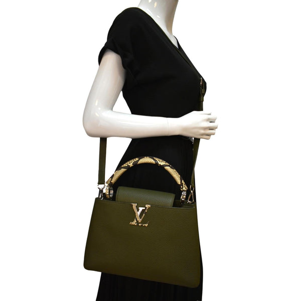 LOUIS VUITTON Capucines MM Taurillon Python Leather Satchel Bag Khaki Green