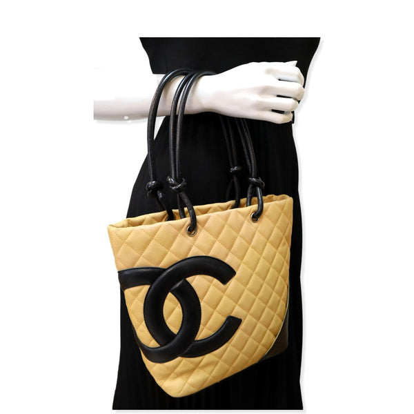 CHANEL Cambon Ligne Quilted Tote Bag Beige