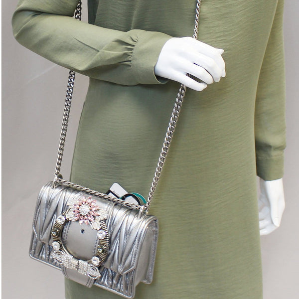 MIU MIU Silver Leather Matelasse Miu Lady Crossbody Bag