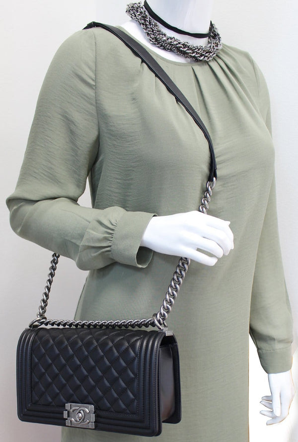 CHANEL Boy Medium Lambskin Leather Shoulder Bag Black