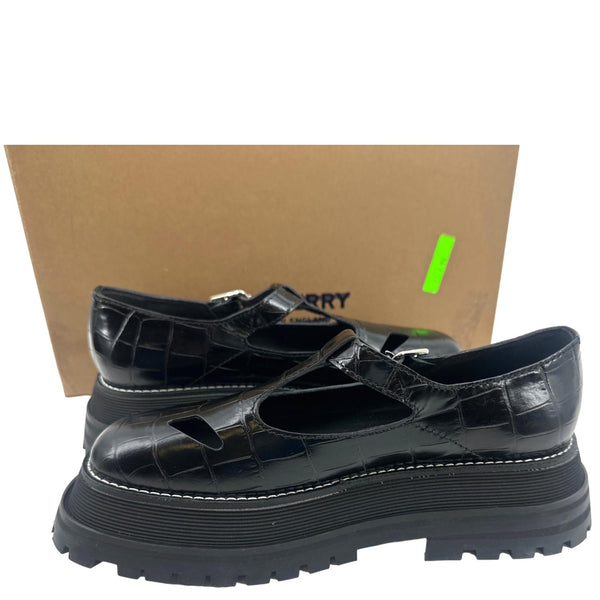 BURBERRY Aldwych T Bar Embossed Leather School Shoes Black