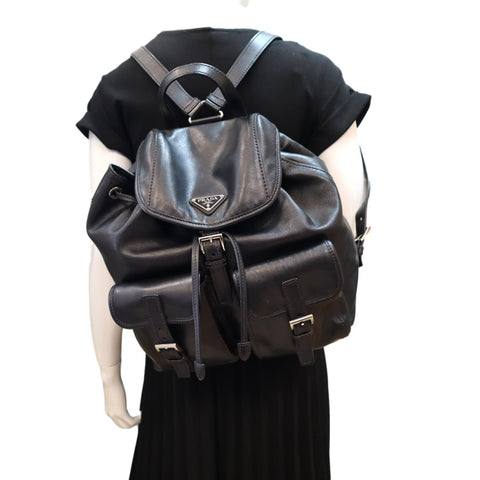 PRADA Milano Double Pocket Leather Backpack Bag Black