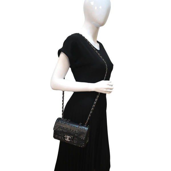 CHANEL Airlines Grommet Studded Leather Shoulder Bag Black