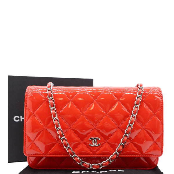 CHANEL WOC Patent Leather Wallet On Chain Clutch Bag Red