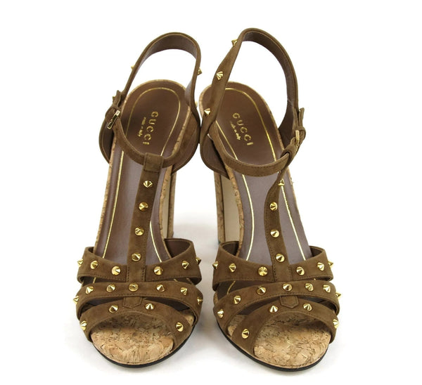 Gucci Women Brown Suede Jacquelyne Gold Studs Sandals - Gucci shoes
