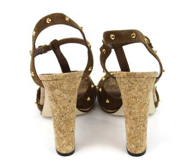 Gucci Women Brown Suede Jacquelyne Gold Studs Sandals - Gucci Women
