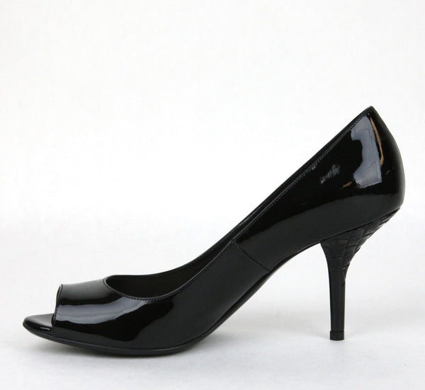 BOTTEGA VENETA Patent Leather Woven Peep Toe Pump Black 9.5 New