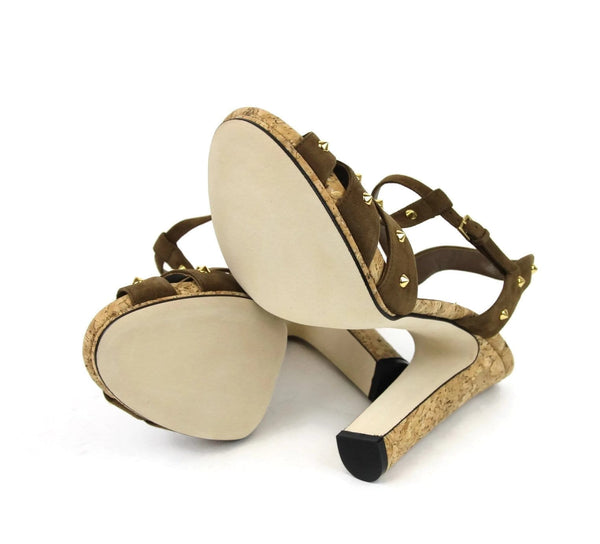 Gucci Sandals Women Brown Suede Jacquelyne With Gold Studs