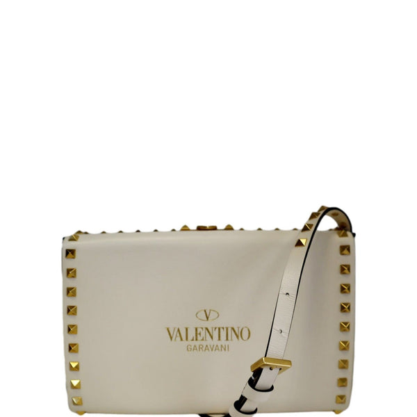 VALENTINO Rockstud Alcove Calfskin Leather Clutch Shoulder Bag Ivory