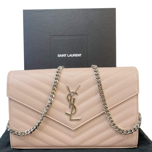 YVES SAINT LAURENT Monogram Grain De Poudre Chain Wallet Rose Pink