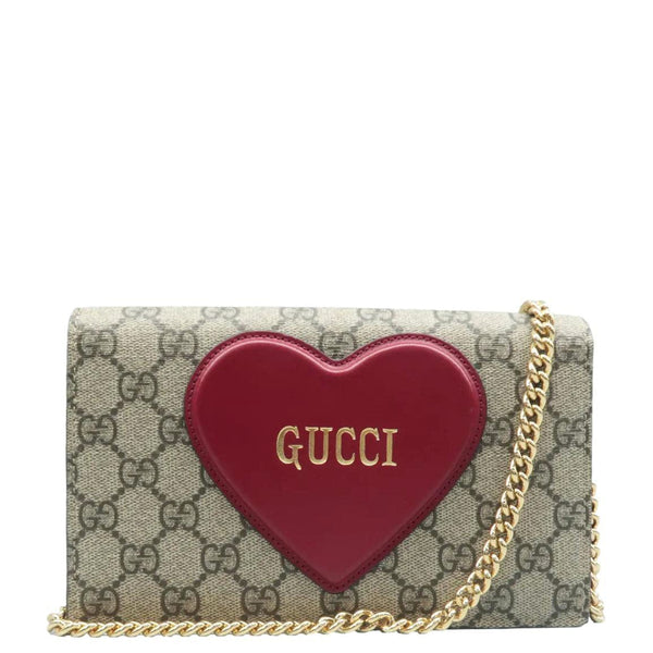 Gucci Heart Chain Wallet GG Supreme Monogram Canvas Crossbody Bag Beige  648948