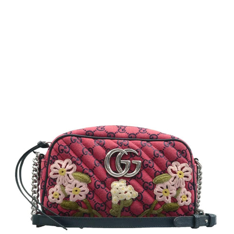 GUCCI GG Marmont Small Monogram Embroidered Diagonal Chain Shoulder Bag Red 447632